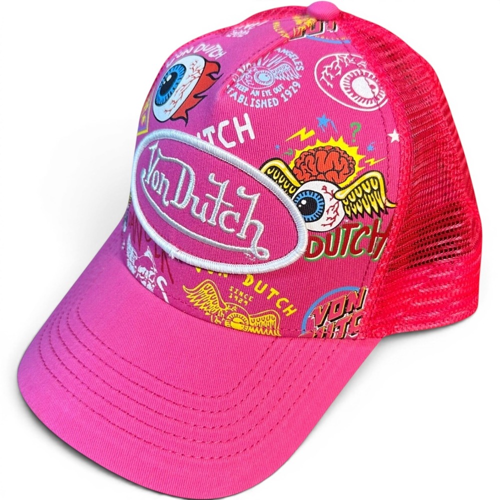 Von Dutch Trucker Hat‎ Women NWOT Pink Flying Eyeball Graphic Mesh Snapback Cap